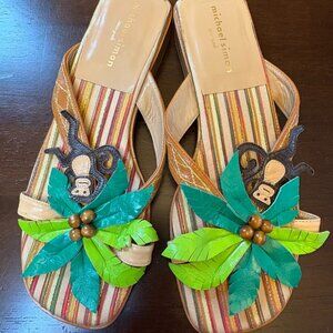 Michael Simon New York Monkey in Palm Tree Slide Sandals Leather women sz 7.5M